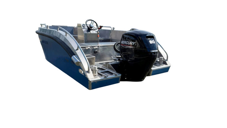 Aluminium werkboot geschikt voor havens, waterbouw en industrie.